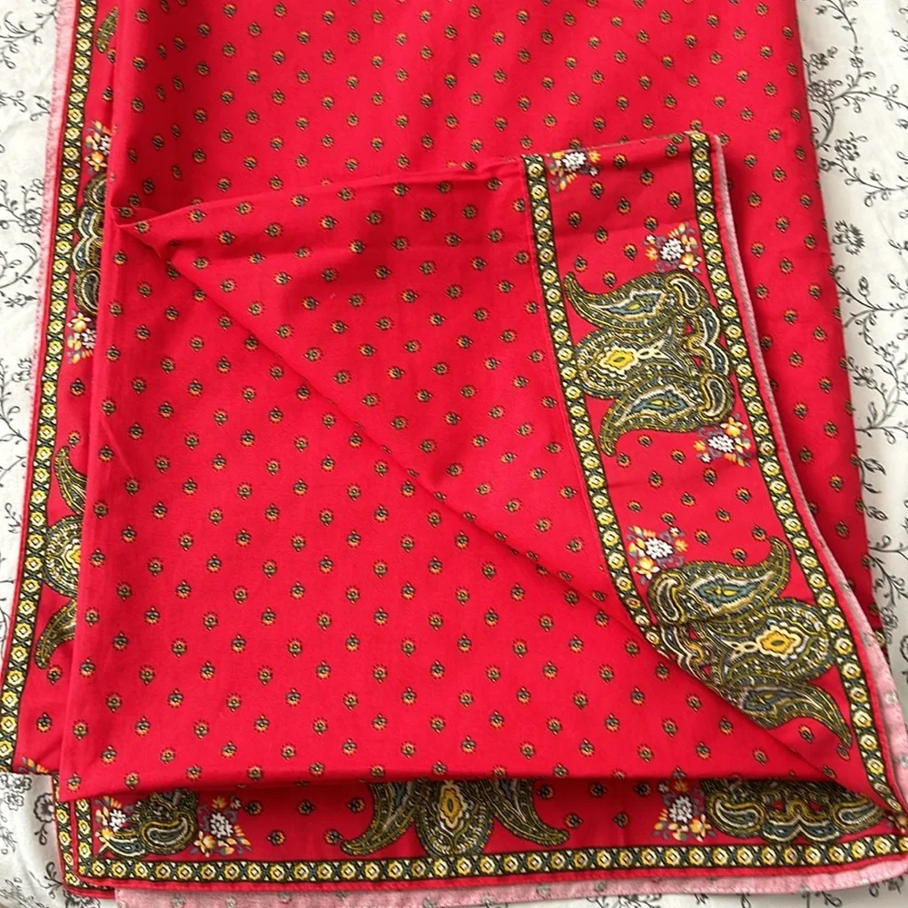 Cotton table cloth in red, green and yellow print floral design rectangular